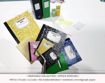 Office Supplies Ultimate Bundle | PRINTABLES 1:6 and 1/12 Scale PDF | Dollhouse Miniature Study | File Holder, Folder, Notebook Cover, Pages