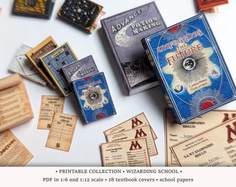 Wizarding School PRINTABLES in 1/6 and 1/12 scale • 18 Textbook Covers and Homework Papers for Magical Diorama (Download PDF)