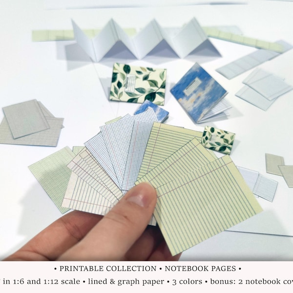 Papel milimetrado y rayado / PDF IMPRIMIBLE a escala 1:6 y 1/12 / Páginas blancas, amarillas y envejecidas / Casa de muñecas moderna en miniatura / Cubiertas de cuaderno adicionales