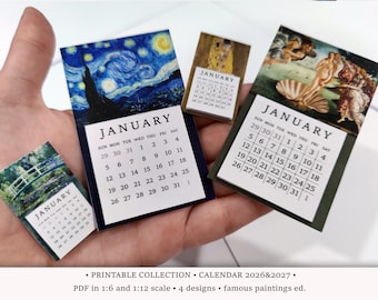 2026&2027 Calendar • PRINTABLE 1/6 and 1/12 • Famous Paintings • Sunday Start • Dollhouse Wall Calendar Artworks • Miniature Desk Calendar