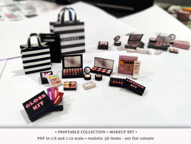 May include: A printable collection of miniature makeup items, including a lipstick kit, gloss kit, eyeshadow palettes, and a variety of other makeup accessories. The items are in a 1:6 and 1:12 scale and are designed to be realistic 3D items.
