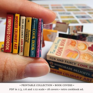 Retro Cookbook Covers • PRINTABLE in 1/6, 1/12 and 1/3 scale • Miniature Books for Dollhouse Kitchen or Bookstore Diorama • Vintage 50-70s