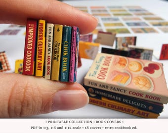 Retro Cookbook Covers • PRINTABLE in 1/6, 1/12 and 1/3 scale • Miniature Books for Dollhouse Kitchen or Bookstore Diorama • Vintage 50-70s