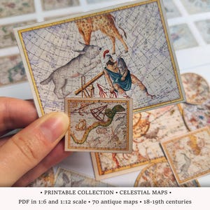 Mapas celestes / PDF IMPRIMIBLE a escala 1:6 y 1/12 / Cartas estelares antiguas para casas de muñecas vintage o dioramas de alquimia / Efímeras del zodíaco en miniatura