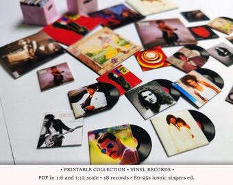 Iconische zangers uit de jaren 80-90 | AFDRUKBARE vinylplaten in schaal 1:6 en 1/12 | Miniatuuralbumhoezen voor poppenhuismuziekkamer of diorama | Zelfgemaakte pdf
