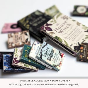 May include: Miniature book covers with titles such as "The House Witch" and "Modern Witchcraft." The covers display botanical illustrations and text, in colours like green, blue, and pink. The text at the bottom says "PRINTABLE COLLECTION BOOK COVERS."