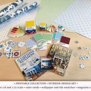 Könnte beinhalten: Druckbarer Innendesign-Set für Puppenhäuser im Maßstab 1:6 und 1:12. Das Set enthält Farbkarten, Tapeten- und Fliesenmuster sowie Zeitschriftencover. Die Zeitschriftencover zeigen ein Küchen- und ein Haus- und Gartenthema.