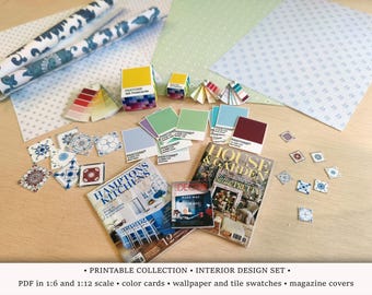 Interior Design Kit | PRINTABLE  Decor 1:6 and 1/12 scale PDF | Miniature Palette Fan | Dollhouse Renovation | Tile and Wallpaper Samples