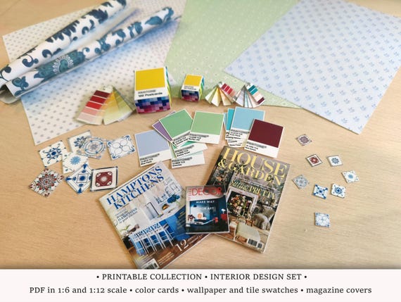 Interior Design Kit | PRINTABLE  Decor 1:6 and 1/12 scale PDF | Miniature Palette Fan | Dollhouse Renovation | Tile and Wallpaper Samples