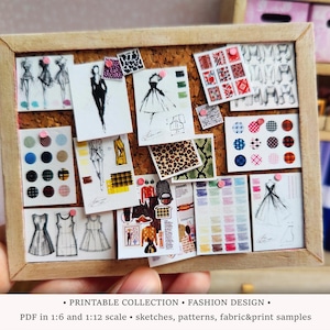 Mode-Design-PRINTABLES | 1:6 und 1/12 Maßstab | Puppenhaus Diorama Illustrationen | Miniatur Mode Brett Skizzen | Sammelalbum Ephemera