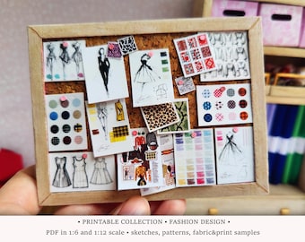 Fashion Design PRINTABLES | 1:6 and 1/12 Scale | Dollhouse Diorama Illustrations | Miniature Mode Board Sketches | Scrapbook Ephemera