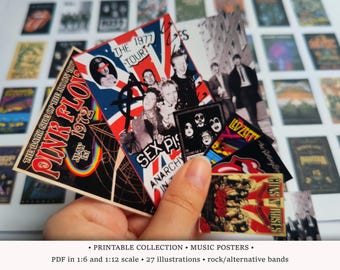 Affiches de groupe | IMPRIMABLE Échelles 1:6 et 1/12 | Illustrations miniatures pour maison de poupée moderne ou diorama de magasin de musique | Déco murale légendes du rock