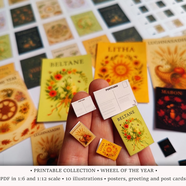 Rueda del Año / Pósters y tarjetas wiccanas imprimibles en escala 1:6 y 1/12 (PDF) / Decoración en miniatura para ocho sabbats / Ilustraciones modernas