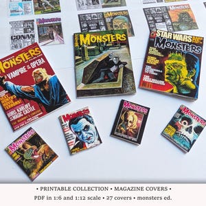 Monster Magazine Covers | PRINTABLE 1:6 and 1/12 Scale PDF | Miniature Retro Magazines for Dollhouse | Halloween Decor for Vintage Diorama