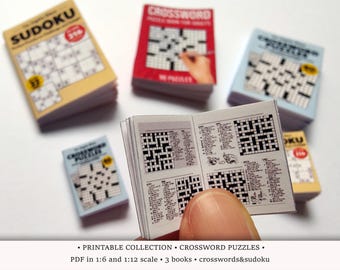 3 Crossword Puzzle Books | PRINTABLE 1:6 and 1/12 Scale PDF | Miniature Crosswords and Sudoku Magazines for Modern Dollhouse or Diorama