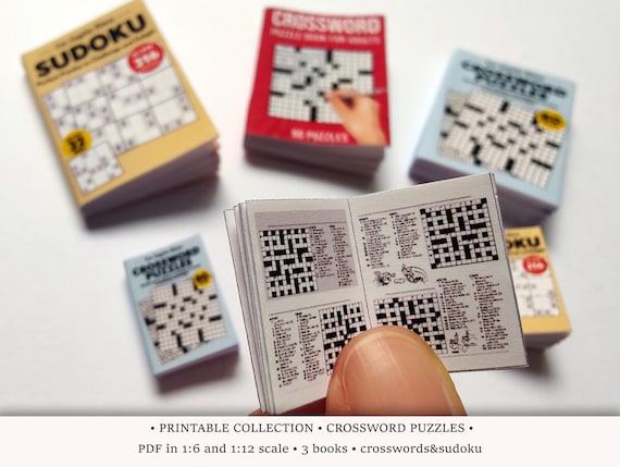 3 Crossword Puzzle Books | PRINTABLE 1:6 and 1/12 Scale PDF | Miniature Crosswords and Sudoku Magazines for Modern Dollhouse or Diorama