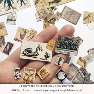 May include: A collection of miniature vintage-style illustrations, including images of mythical creatures, maps, and botanical drawings. The illustrations are in various shapes and sizes, with a sepia-toned color palette. Text on one reads "HERMES BIRD".