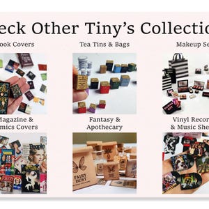 K&ouml;nnte beinhalten: Ein Bild mit Miniatur-Sammlungen: Buchcover, Teedosen, Make-up-Sets, Zeitschriften, Fantasy-Apothekenartikel und Schallplatten. Der Text "Check Other Tiny's Collections" steht oben.