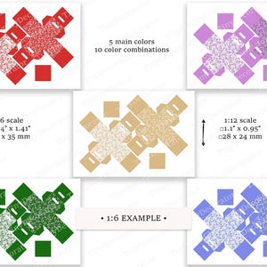 May include: An assortment of paper box templates in red, purple, green, blue, and tan, with glitter accents. The image includes text indicating 5 main colors and 10 color combinations. Measurements are provided in inches and millimeters.