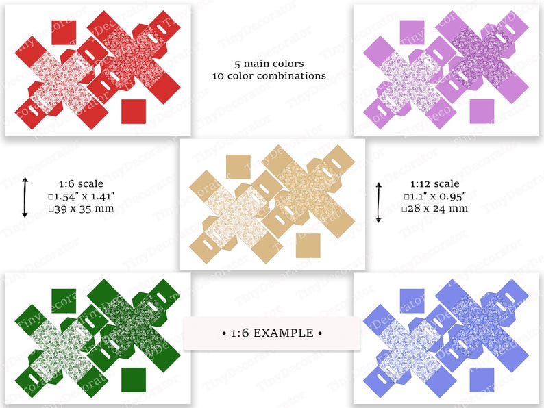 May include: An assortment of paper box templates in red, purple, green, blue, and tan, with glitter accents. The image includes text indicating 5 main colors and 10 color combinations. Measurements are provided in inches and millimeters.