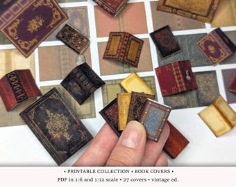 Okładki książek w stylu vintage i antycznym | DO DRUKU w skali 1:6 i 1:12 | Miniaturowe książki do dioramy biblioteki lub księgarni w domku dla lalek | Ephemera do scrapbookingu
