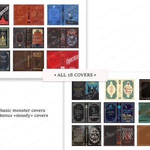 May include: A collection of 18 vintage-style book covers, featuring classic horror and gothic literature titles. The covers showcase intricate designs, with titles like "Dracula" and "Frankenstein" in a variety of colors and styles. Text on the image reads "ALL 18 COVERS."