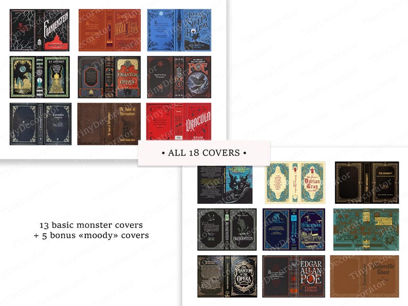 May include: A collection of 18 vintage-style book covers, featuring classic horror and gothic literature titles. The covers showcase intricate designs, with titles like "Dracula" and "Frankenstein" in a variety of colors and styles. Text on the image reads "ALL 18 COVERS."