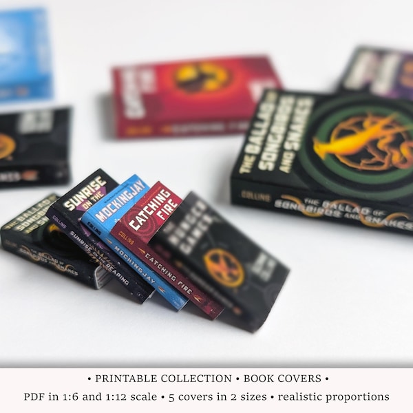 Portadas de libros distópicos: 5 portadas en miniatura IMPRIMIBLES en escala 1/6 y 1/12 para dioramas de bibliotecas o librerías de casas de muñecas