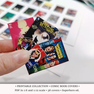 May include: A collection of miniature comic book covers featuring superheroes like Superman, Wonder Woman, and Loki. The covers are printed in vibrant colors and feature iconic imagery.