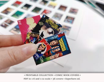Couvertures de bandes dessinées de super-héros | PDF IMPRIMABLE aux échelles 1:6 et 1/12 | Miniatures pour maison de poupée | Diorama Geek | Boîte de chambre nerd