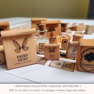 May include: A collection of miniature apothecary bottles and boxes with labels such as "Fairy Dust", "Mermaid Tears", "Stardust", and "Unicorn Hair". The bottles and boxes are made of brown paper and have a rustic, vintage aesthetic.