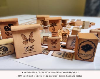 Apothicaire magique | PDF IMPRIMABLE aux échelles 1:6 et 1/12 | Étiquettes, sacs et boîtes miniatures d'ingrédients de potion | Décoration d'Halloween alchimique