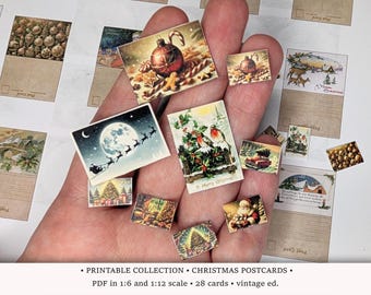 May include: A collection of miniature Christmas postcards featuring vintage illustrations. The postcards depict festive scenes such as Santa Claus, Christmas trees, and winter landscapes. The text on the image reads "A Merry Christmas".