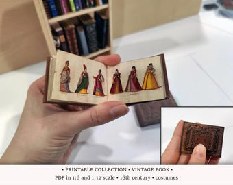 Libro di illustrazioni antiche / STAMPABILE in scala 1:6 e 1/12 / Libro in miniatura per diorama di biblioteche o librerie di case delle bambole / Costumi d'epoca