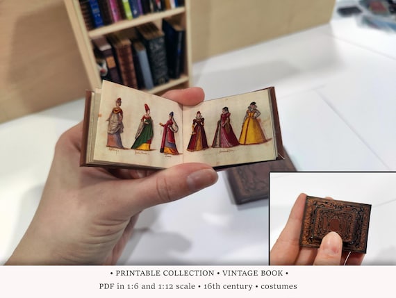 Antique Illustrations Book • PRINTABLE 1:6 and 1/12 scale • Miniature Book for Dollhouse Library or Bookstore Diorama • Vintage Costumes