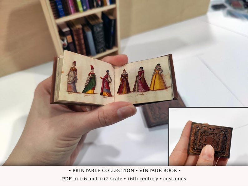 Antique Illustrations Book | PRINTABLE 1:6 and 1/12 scale | Miniature Book for Dollhouse Library or Bookstore Diorama | Vintage Costumes