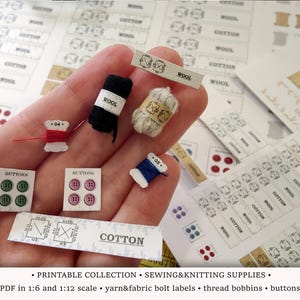 Näh&Strickzubehör | PRINTABLES | 1:6 und 1/12 PDF | Puppenhaus Atelier Organizer | Miniatur Garnklöppeln, Garn Stoff Labels