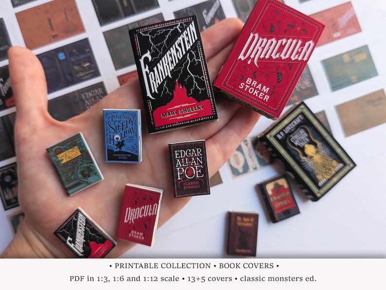 Classic Monsters • PRINTABLE Book Covers in 1/6, 1/12 and 1/3 • Miniature Books for Dollhouse Library or Halloween Bookstore Diorama (PDF) image 1