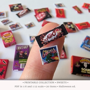 Halloween Sweets | PRINTABLE 1:6 and 1/12 Scale PDF | Miniature Candy Wraps and Choco Bars for Dollhouse or Holiday Diorama | DIY Party Food
