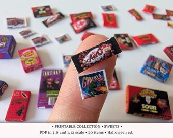 Halloween Sweets • PRINTABLE 1:6 and 1/12 Scale PDF • Miniature Candy Wraps and Choco Bars for Dollhouse or Holiday Diorama | DIY Party Food