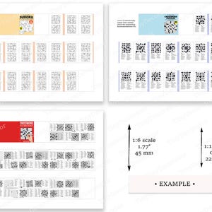K&ouml;nnte beinhalten: Eine Sammlung von Miniatur-Puzzleb&uuml;chern, darunter Sudoku- und Kreuzwortr&auml;tsel. Das Bild zeigt mehrere Seiten mit R&auml;tseln, mit einer Ma&szlig;stabsanzeige von 45 mm und 22,5 mm. Das Wort "EXAMPLE" ist ebenfalls vorhanden.