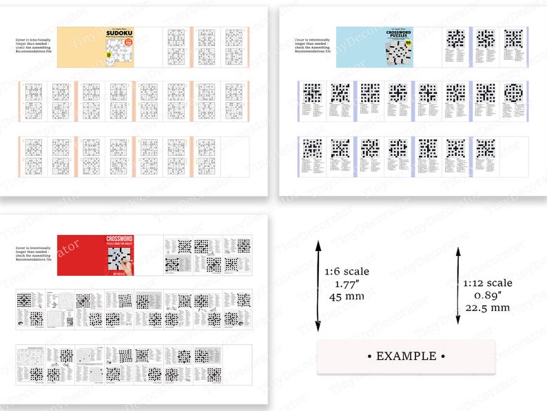 K&ouml;nnte beinhalten: Eine Sammlung von Miniatur-Puzzleb&uuml;chern, darunter Sudoku- und Kreuzwortr&auml;tsel. Das Bild zeigt mehrere Seiten mit R&auml;tseln, mit einer Ma&szlig;stabsanzeige von 45 mm und 22,5 mm. Das Wort "EXAMPLE" ist ebenfalls vorhanden.