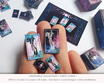 Kosmische Tarotkarten | DRUCKBAR 1:6 und 1/12 Maßstab | Miniatur Full Deck im Space Wiccan Design | Hexenhaftes Puppenhaus oder Wahrsagerin Diorama