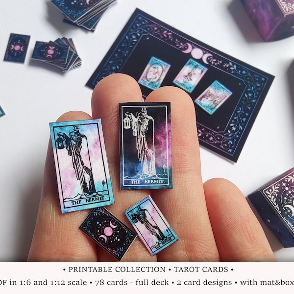 Cartas del Tarot Cósmico / IMPRIMIBLES Escala 1:6 y 1/12 / Baraja completa en miniatura con diseño wiccano espacial / Diorama de casa de muñecas de bruja o adivina