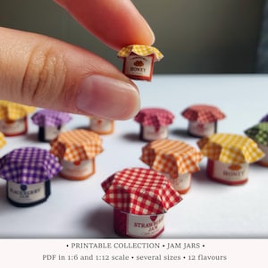 12 Marmeladengläser | DRUCKBAR PDF in den Größen 1:6 und 1/12 | Mini Eingemachtes für Puppenhaus Küche | Miniature Food - Konfitüre, Honig, Marmelade, Zitronencreme