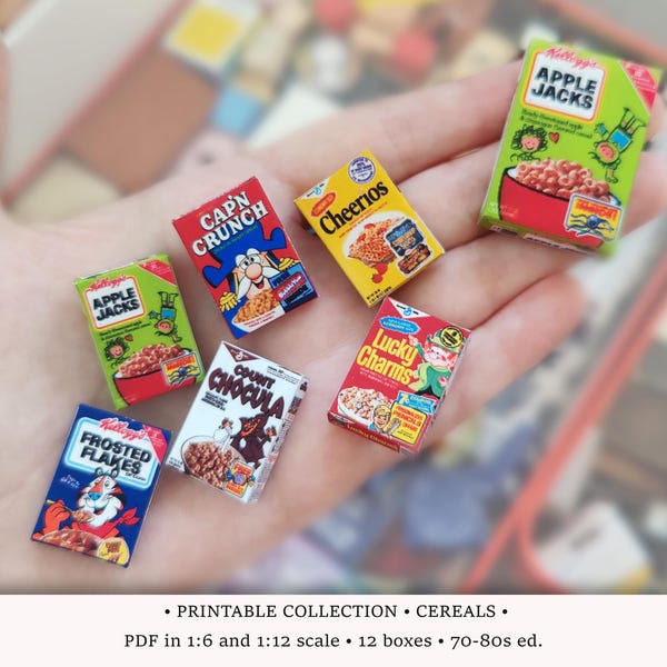 70-80er Jahre Getreide | DRUCKBAR PDF in den Größen 1:6 und 1/12 | Miniatur Frühstücksboxen für Puppenhaus Küche oder Vintage Diorama | Puppenküche DIY