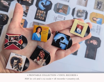 Countryvinylplaten | AFDRUKBARE schalen van 1:6 en 1/12 | Miniatuur-lp-albumhoezen voor poppenhuismuziekkamer of diorama | Efemere plakboeken