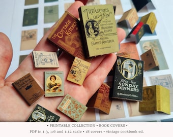 livres de cuisine vintage • Couvertures IMPRIMABLES aux échelles 1/6, 1/12 et 1/3 • Livres de recettes miniatures pour cuisine de maison de poupée ou diorama (télécharger le PDF)