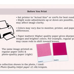 K&ouml;nnte beinhalten: Informative Grafik mit Text zum Drucken. Enth&auml;lt eine Schwarz-Wei&szlig;-Druckerillustration, Farbfelder und Text mit Ratschl&auml;gen zu Druckereinstellungen und Papierqualit&auml;t f&uuml;r optimale Ergebnisse. Der Text enth&auml;lt den Satz "Before You Print".