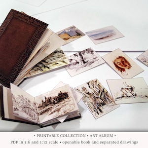 Vintage kunstalbum | AFDRUKBARE schalen van 1:6 en 1/12 | Te openen miniatuur voor poppenhuis- of kunstenaarsdiorama | Potloodschets en aquareltekening